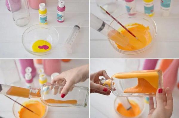 How to Paint Glass Bottles - Add the paint through a syringe